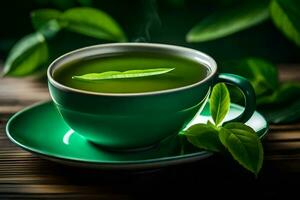 a cup of green tea with a leaf on the side. AI-Generated photo