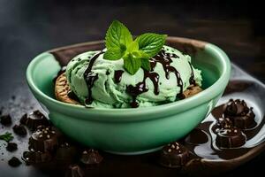 hielo crema con menta y chocolate papas fritas en un bol. generado por ai foto