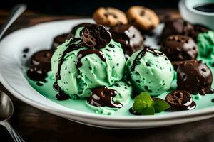 un plato de menta chocolate chip hielo crema con galletas. generado por ai foto