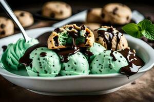 a bowl of ice cream with mint chocolate chip cookies. AI-Generated photo