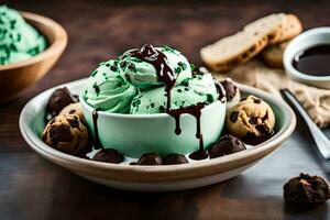 un cuenco de hielo crema con chocolate salsa y galletas. generado por ai foto