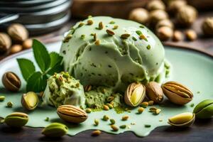 pistachio ice cream with pistachio nuts on a plate. AI-Generated photo