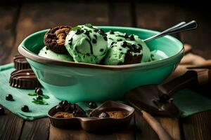 chocolate ice cream in a bowl with chocolate chips. AI-Generated photo