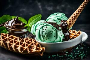 chocolate ice cream with mint and waffles on a dark background. AI-Generated photo