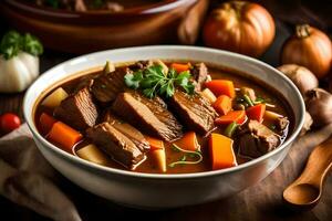 a bowl of beef stew with vegetables and herbs. AI-Generated photo