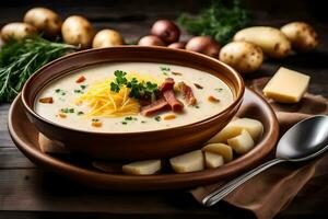 a bowl of soup with potatoes and cheese. AI-Generated photo