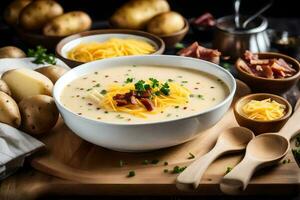 a bowl of potato soup with bacon, cheese and herbs. AI-Generated photo