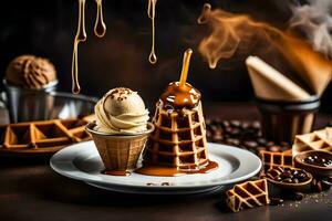 a waffle with ice cream and coffee beans. AI-Generated photo