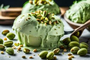 pistachio ice cream with pistachios and nuts. AI-Generated photo