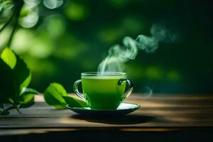 a cup of green tea with steam on a wooden table. AI-Generated photo