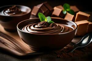 chocolate pudding in a bowl. AI-Generated photo