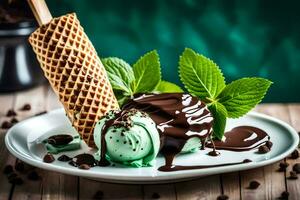 ice cream with mint chocolate and waffle on a plate. AI-Generated photo