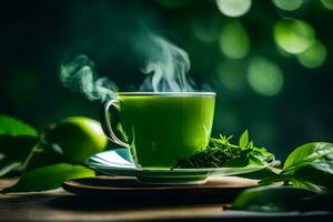 a cup of green tea with leaves on the table. AI-Generated photo