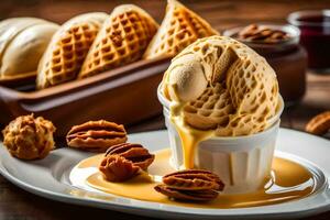 the waffle cone is topped with caramel sauce and nuts. AI-Generated photo