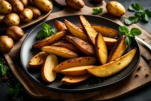 patatas en un negro plato con hierbas. generado por ai foto