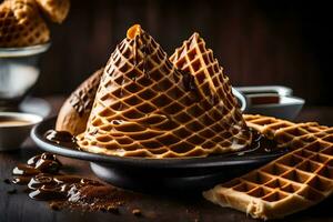 a waffle cone with chocolate syrup and syrup. AI-Generated photo