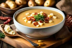 a bowl of soup with cheese, bacon and potatoes. AI-Generated photo