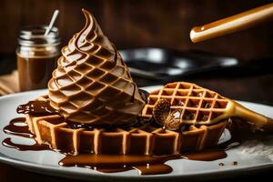 a waffle with chocolate syrup and a waffle cone. AI-Generated photo