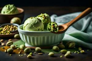 green pistachio ice cream in a bowl with pistachios and a wooden spoon. AI-Generated photo