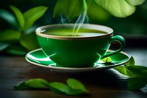 a cup of green tea with a leaf on the side. AI-Generated photo