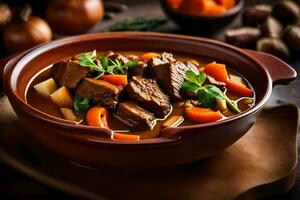 a bowl of beef stew with carrots and potatoes. AI-Generated photo