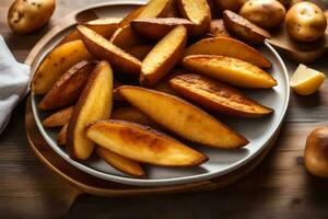 un plato de horneado patatas con limón rebanadas generado por ai foto