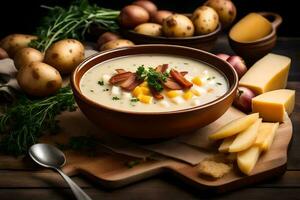 a bowl of soup with potatoes, cheese and bacon. AI-Generated photo