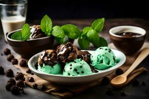 chocolate mint ice cream in a bowl with mint leaves and chocolate chips. AI-Generated photo