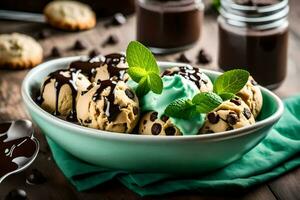 chocolate chip ice cream in a bowl with mint leaves. AI-Generated photo