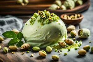 pistachio ice cream with pistachios and mint leaves. AI-Generated photo