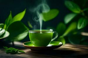 a cup of green tea with a leaf on the side. AI-Generated photo