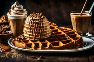 a waffle with whipped cream and coffee on a plate. AI-Generated photo
