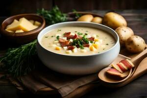 a bowl of potato soup with ham and cheese. AI-Generated photo