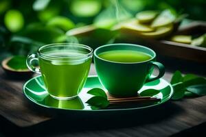 green tea in a cup and a saucer on a wooden table. AI-Generated photo