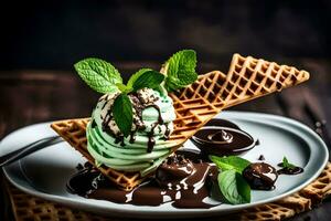 hielo crema con menta hojas y chocolate salsa en un gofre. generado por ai foto