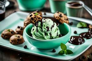 chocolate mint ice cream with cookies and mint leaves on a wooden table. AI-Generated photo