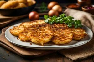 un plato de patata panqueques con perejil y huevos. generado por ai foto