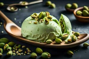 pistachio ice cream with pistachio nuts on a wooden spoon. AI-Generated photo