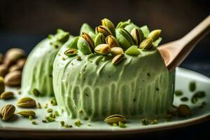 pistachio ice cream with pistachio nuts on a plate. AI-Generated photo