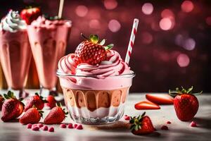 strawberry milkshake with whipped cream and strawberries. AI-Generated photo