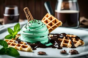 ice cream and waffles on a plate with chocolate and mint. AI-Generated photo