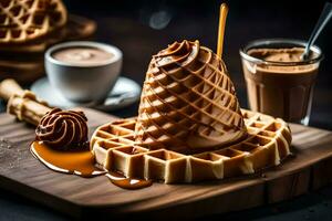 a waffle with caramel and a cup of coffee. AI-Generated photo