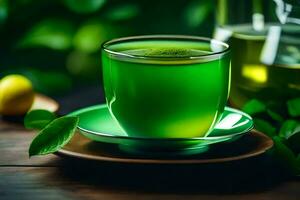 green tea in a cup on a wooden table. AI-Generated photo