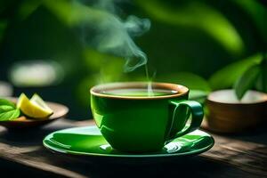 un taza de verde té en un de madera mesa. generado por ai foto