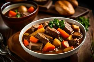 a bowl of beef stew with potatoes and carrots on a wooden table. AI-Generated photo