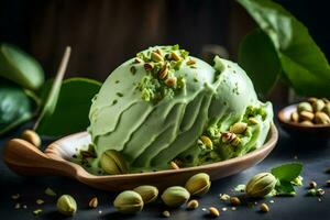 green pistachio ice cream in a wooden bowl with pistachio nuts and leaves on a. AI-Generated photo