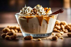 peanut butter and caramel ice cream in a glass. AI-Generated photo