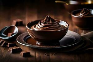 chocolate pudding in a bowl. AI-Generated photo