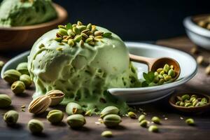 pistachio ice cream with pistachio nuts in a bowl. AI-Generated photo