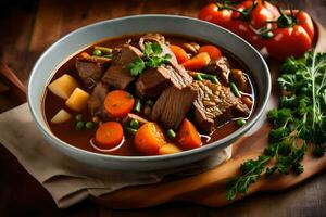 a bowl of beef stew with vegetables and carrots on a wooden table. AI-Generated photo
